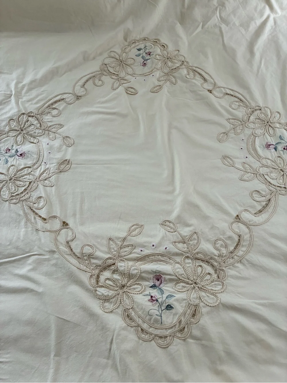 Duvet Cover Twin Size Battenberg Lace Embroidered Cream Color Vintage